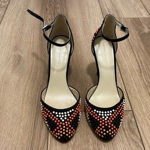 Zara Gorgeous Black and Coral Beaded Ankle Strap Heels, Size 39